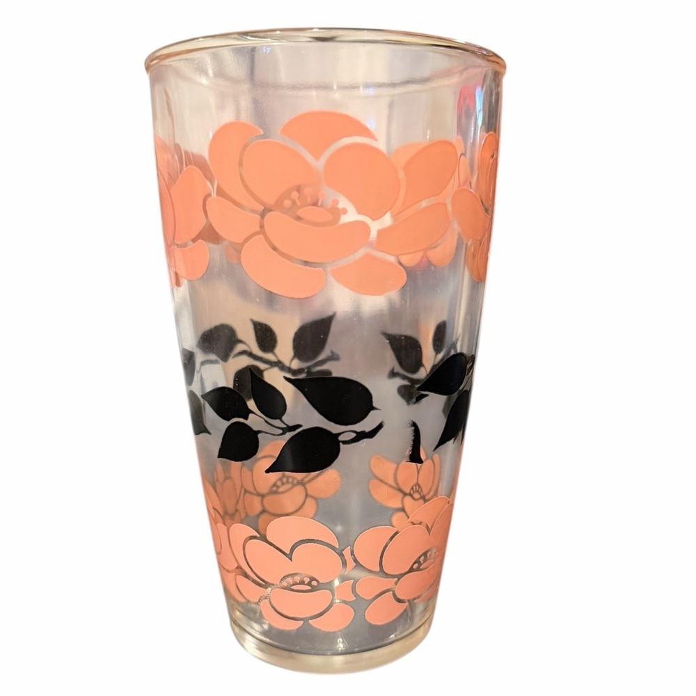 MCM 1950’s Hazel Atlas 6.5” Drinking Glass Pink Black Floral EC